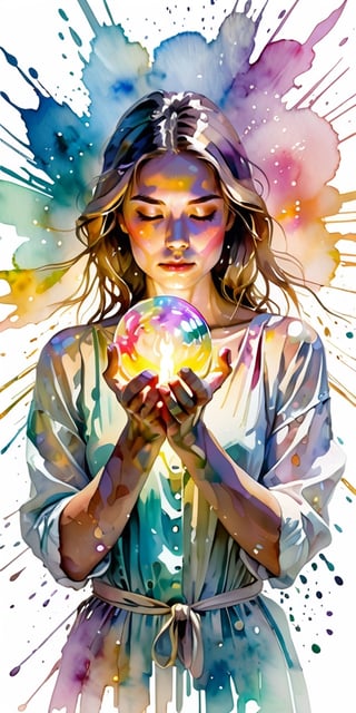 A woman with her hands holding a glowing light in her hands, ethereal, on a white background, with watercolor splatter, an interplay of pastel hues and rainbow colors, with a double exposure effect, golden rays emanating from the center, a soft glow, a mysterious aura, ethereally beautiful, with soft edges, delicate details, a celestial energy radiance, whimsical, a surreal atmosphere, dreamy, with watercolor splashes in the style of Yoji Shinkawa and colorful pastel tones in the style of Greg Rutkowski, with detailed light effects, dreamy and ethereal, with delicate brushstrokes, high quality, high resolution, high detail