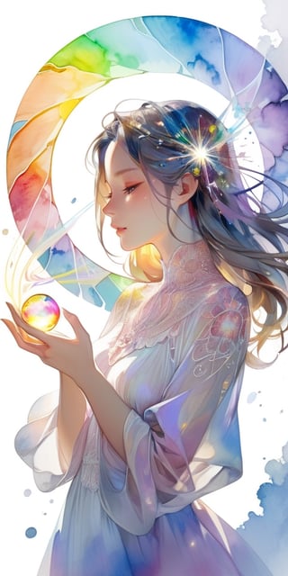 A woman with her hands holding a glowing light in her hands, ethereal, on a white background, with watercolor splatter, an interplay of pastel hues and rainbow colors, with a double exposure effect, golden rays emanating from the center, a soft glow, a mysterious aura, ethereally beautiful, with soft edges, delicate details, a celestial energy radiance, whimsical, a surreal atmosphere, dreamy, with watercolor splashes in the style of Yoji Shinkawa and colorful pastel tones in the style of Greg Rutkowski, with detailed light effects, dreamy and ethereal, with delicate brushstrokes, high quality, high resolution, high detail