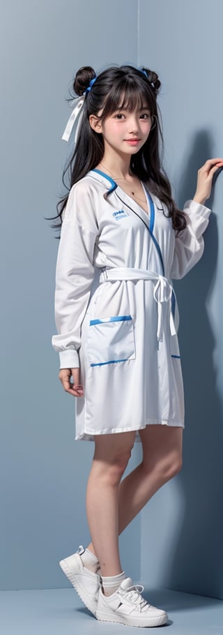 1girl,solo, full body, long hair, glasses, ((white lab gown)), looking at viewer, blue background, black hair, standing, simple background, two side up, blue eyes, lips, closed mouth, red ribbon, hair ribbon, bangs, sneakers, parted bangs, buns, nose, Haerin_NJ