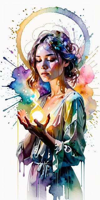 A woman with her hands holding a glowing light in her hands, ethereal, on a white background, with watercolor splatter, an interplay of pastel hues and rainbow colors, with a double exposure effect, golden rays emanating from the center, a soft glow, a mysterious aura, ethereally beautiful, with soft edges, delicate details, a celestial energy radiance, whimsical, a surreal atmosphere, dreamy, with watercolor splashes in the style of Yoji Shinkawa and colorful pastel tones in the style of Greg Rutkowski, with detailed light effects, dreamy and ethereal, with delicate brushstrokes, high quality, high resolution, high detail