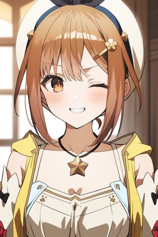 
1girl, female, solo, ryza, brown hair, hat, jewelry, necklace, short hair, hair ornament, brown eyes, hairclip,
black dress, frilled dress, frills, blue trim, bow, dress bow, upperbody, wink, one eye closed, smile, blush, cute, masterpiece, best quality, 