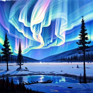 A breathtaking celestial dance of auroras over a snowy landscape, with a cozy log cabin nestled among the trees, the auroras cast a colorful glow on the surroundings, evoking a sense of wonder and magic, Painting, watercolor on textured paper, --ar 16:9
