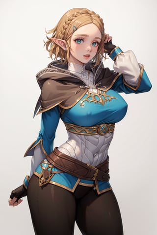 (masterpiece,  best quality:1.4),  (extremely detailed,  8k,  uhd),  cinematic shot,  natural lighting,  ultra highres,  princess_zelda_aiwaifu, aiwaifu, pointy ears, braid, hair ornament, hairclip, gloves, fingerless gloves, blue shirt, shirt, long sleeves, crown braid, bangs, pants, black gloves, green eyes, parted bangs, black pants, short hair, long hair, cape, sidelocks, hood, thick eyebrows, jewelry, hooded cape, belt, tight pants, tight, large breasts, puffy sleeves, princess_zelda_aiwaifu, 
,ARTSTYLE_xxoom_aiwaifu