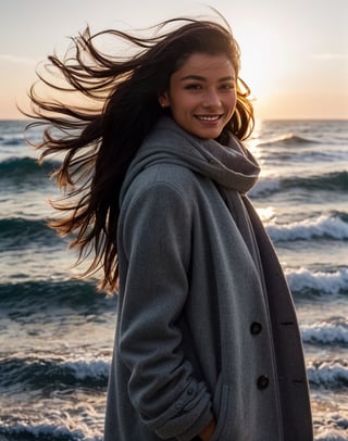 winter, girl walks along the sea, smiles, perfect face, perfect eyes, rough sea, very windy, photographic close-up, (realistic:1.3), finely detailed, quality, rembrandt lighting, (masterpiece:1.2), (photorealistic:1.2), Leica M11 Camera,  90 mm lens
(best quality), (detailed skin:1.3), (intricate details), dramatic, ray tracing, 1girl,photorealistic