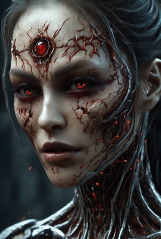 Female, DonMD3m0nXL, Blood, Woman vampire, vampire teeth, third eye on the forehead, 10k very detailed, best quality, masterpiece, very detailed, very detailed, cg, unification, 8k wallpaper, fantastic, fine details, masterpiece, top quality, highly detailed CG uniform 8k wallpaper