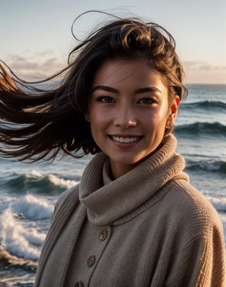 winter, girl walks along the sea, smiles, perfect face, perfect eyes, rough sea, very windy, photographic close-up, (realistic:1.3), finely detailed, quality, rembrandt lighting, (masterpiece:1.2), (photorealistic:1.2), 
(best quality), (detailed skin:1.3), (intricate details), dramatic, ray tracing, 1girl,photorealistic