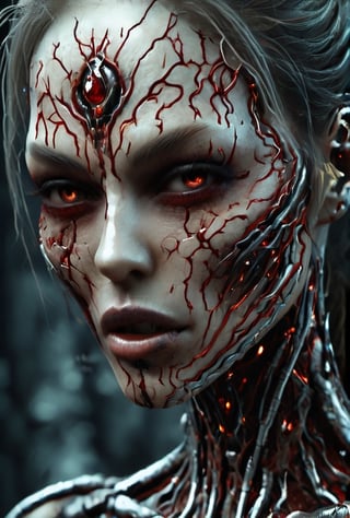 Female, DonMD3m0nXL, Blood, Woman vampire, vampire teeth, third eye on the forehead, (exposed long tongue), 10k very detailed, best quality, masterpiece, very detailed, very detailed, cg, unification, 8k wallpaper, fantastic, fine details, masterpiece, top quality, highly detailed CG uniform 8k wallpaper