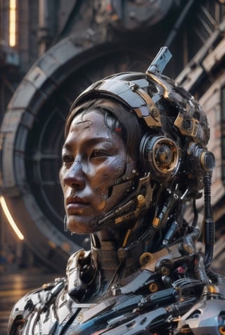 photorealistic,Mecha body, Chinese woman, cyberfusion, scream, (exposed front:1.0), (realistic:1.3), wet face skin, finely detailed, face human quality, cyberpunk ambient lighting, (masterpiece:1.2), (photorealistic:1.2), sexy face, model face, (best quality), (detailed skin:1.3), (intricate details), dramatic, ray tracing, symmetrical armor,full photographic figure photo, 30 years old, detailed skin texture, (blush:0.5), (mouth open:0.5), subsurface scattering, short hair, 
hair between eyes, mecha, headgear, science fiction, mechanical arms, glowing parts, 
robot joints, cybernetic, cyberpunk, dynamic pose, indoors, space station, complex machinery, futuristic parts, ,liona