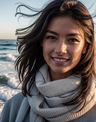 winter, girl walks along the sea, smiles, perfect face, perfect eyes, rough sea, very windy, shot bottom view, (realistic:1.3), finely detailed, quality, rembrandt lighting, (masterpiece:1.2), (photorealistic:1.2), Leica M11 Camera,  90 mm lens
(best quality), (detailed skin:1.3), (intricate details), dramatic, ray tracing, 1girl,photorealistic