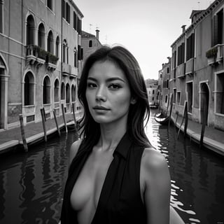 Venice autumn , Venice grand canal sunset, wind, woman glamour pose,  shirt ultra detail,  sensual mouth high resolution,  very detailed face,  best quality,  masterpiece,  very detailed,  very detailed, unification, fine details,  b/w photo,  top quality,  highly  8k wallpaper, 