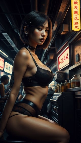 Centered photo, (sitting:1.2), Chinese mom, cyberpunk style, hungry, photographic shot from below, 8k,  best quality,  perfect nose,  perfects lips, perfect face, tailleur, sexy breasts,  tanned skin,  masterpiece,  high quality eyes, dark eyes, by lee jeffries Leica M11,  film stock photograph 4 kodak, rich colors hyper realistic,  28 years old,  perfect body,  short hair,C7b3rp0nkStyle,photorealistic, blurred background.