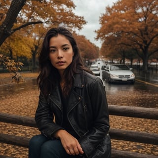 Brooklyn autumn , drammatic light, wind and rain, woman sits on the starcase, ultra detail,  high resolution,  very detailed face,  best quality,  masterpiece,  very detailed,  very detailed, unification,    fine details,  b/w photo,  top quality,  highly  8k wallpaper