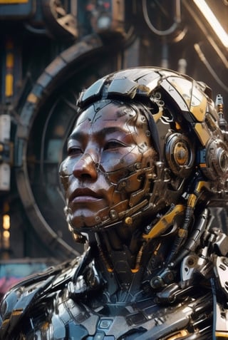 photorealistic,Mecha body, Chinese girl, bright eyes, cyberfusion, scream, (exposed front:1.0), (realistic:1.3), wet face skin, finely detailed, face human quality, cyberpunk ambient lighting, (masterpiece:1.2), (photorealistic:1.2), sexy face, model face, (best quality), (detailed skin:1.3), (intricate details), dramatic, ray tracing, symmetrical armor,full photographic figure photo, 23 years old, detailed skin texture, (blush:0.5), (mouth open:0.5), subsurface scattering, short hair, 
hair between eyes, mecha, headgear, science fiction, mechanical arms, glowing parts, 
robot joints, cybernetic, cyberpunk, dynamic pose, indoors, space station, complex machinery, futuristic parts, ,liona