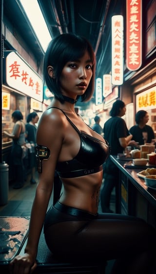 Centered photo, (sitting:1.2), Chinese mom, cyberpunk style, hungry, photographic shot from below, 8k,  best quality,  perfect nose,  perfects lips, perfect face, tailleur, sexy breasts,  tanned skin,  masterpiece,  high quality eyes, dark eyes, by lee jeffries Leica M11,  film stock photograph 4 kodak, rich colors hyper realistic,  28 years old,  perfect body,  short hair,C7b3rp0nkStyle,photorealistic, blurred background.