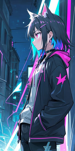 masterpiece, best quality, absurdres, perfect anatomy, 1girl, solo, earrings, sharp eyes, choker, neon shirt, open jacket, turtleneck sweater, night, dim lighting, alley, cats ears,1girl hairclip,Neon Light, blushing, glowing eyes, neon eyes, neon clothes, glow_in_the_dark, hoodie, hooded, short_pants, black clothes, hand_in_pocket, tsunderia, hooding, arrgant, has a Lightning power, lighting from hand, Lightning from her eyes,lighting eyes, profile, dark theme, sad theme, multicolored eyes