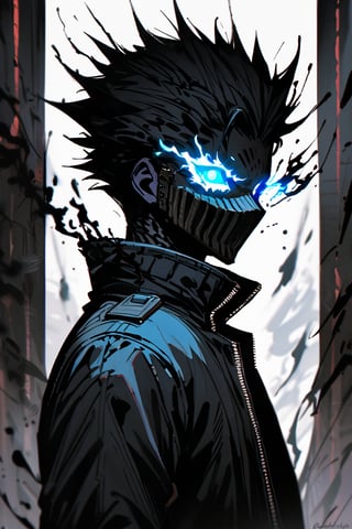 silhouette, Horror, solo, looking at viewer, short hair, blue eyes, 1boy, jacket, upper body, male focus, from side, glowing, spiked hair, glowing eyes, dark theme, high collar,more detail XL,dark aura, black aura,CharcoalDarkStyle,flaming eyes