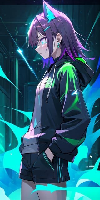 masterpiece, best quality, absurdres, perfect anatomy, 1girl, solo, earrings, sharp eyes, choker, neon shirt, open jacket, turtleneck sweater, night, dim lighting, alley, cats ears,1girl hairclip,Neon Light, blushing, glowing eyes, neon eyes, neon clothes, glow_in_the_dark, hoodie, hooded, short_pants, black clothes, hand_in_pocket, tsunderia, hooding, arrgant, has a Lightning power, lighting from hand, Lightning from her eyes,lighting eyes, profile, little of tears, dark theme, sad theme, multicolored eyes,RED FIRE GREEN FIRE BLUE FIRE PURPLE FIR