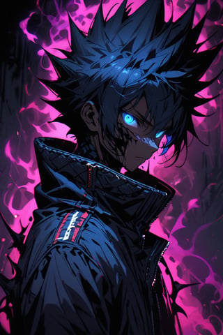 silhouette, Horror, solo, looking at viewer, short hair, blue eyes, 1boy, jacket, upper body, male focus, from side, glowing, spiked hair, glowing eyes, dark theme, high collar,more detail XL,dark aura