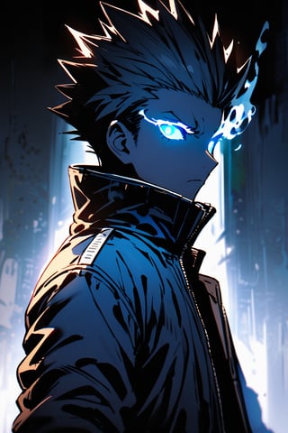 silhouette, Horror, solo, looking at viewer, short hair, blue eyes, 1boy, jacket, upper body, male focus, from side, glowing, spiked hair, glowing eyes, dark theme, high collar, flaming eyes