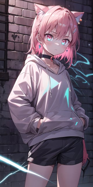 masterpiece, best quality, absurdres, perfect anatomy, 1girl, solo, earrings, sharp eyes, choker, neon shirt, open jacket, turtleneck sweater, night, against wall, brick wall, graffiti, dim lighting, alley, looking down, cats ears,1girl hairclip,Neon Light, blushing, glowing eyes, neon eyes, neon clothes, glow_in_the_dark, hoodie, hooded, short_pants, black clothes, hand_in_pocket, tsunderia, hooding, arrgant, has a Lightning power, light from hand