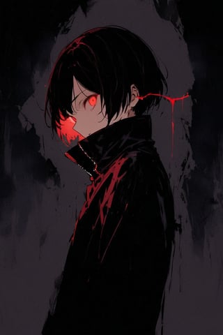 silhouette, Horror, solo, looking at viewer, short hair, Red eyes, 1boy, jacket, upper body, male focus, from side, glowing, glowing eyes, dark theme, high collar,eye trail