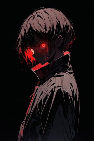 silhouette, Horror, solo, looking at viewer, short hair, Red eyes, 1boy, jacket, upper body, male focus, from side, glowing, glowing eyes, dark theme, high collar,eye trail