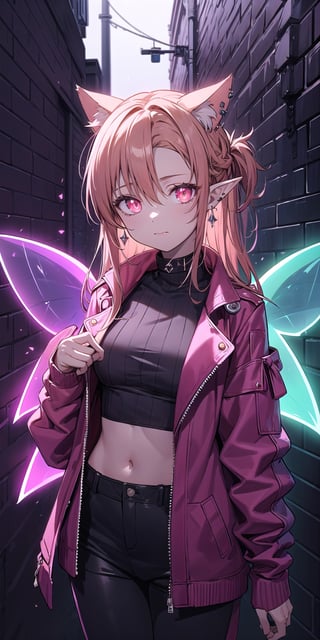masterpiece, best quality, absurdres, perfect anatomy, 1girl, solo, earrings, sharp eyes, choker, neon shirt, open jacket, turtleneck sweater, night, against wall, brick wall, graffiti, dim lighting, alley, looking at viewer, cats ears,titania,midriff,fairy wings, cat girls, glowing eyes,pointy ears,zodiac_asuna,Neon Light