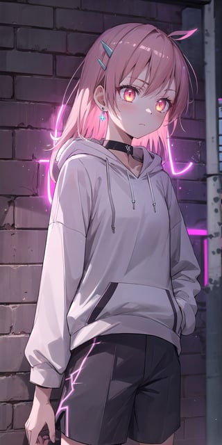 masterpiece, best quality, absurdres, perfect anatomy, 1girl, solo, earrings, sharp eyes, choker, neon shirt, open jacket, turtleneck sweater, night, against wall, brick wall, graffiti, dim lighting, alley, looking down, cats ears,1girl hairclip,Neon Light, blushing, glowing eyes, neon eyes, neon clothes, glow_in_the_dark, hoodie, hooded, short_pants, black clothes, hand_in_pocket, tsunderia, hooding, arrgant, has a Lightning power, light from hand