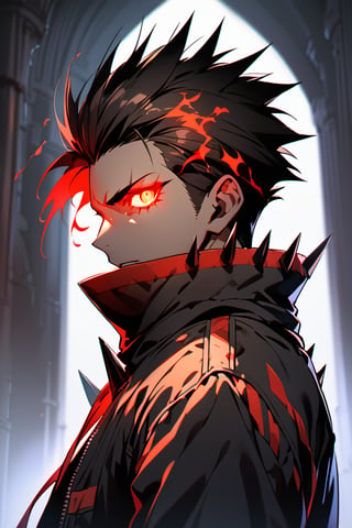 silhouette, Horror, solo, looking at viewer, short hair, Red eyes, 1boy, jacket, upper body, male focus, from side, glowing, spiked hair, glowing eyes, dark theme, high collar, flaming eyes