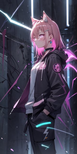 masterpiece, best quality, absurdres, perfect anatomy, 1girl, solo, earrings, sharp eyes, choker, neon shirt, open jacket, turtleneck sweater, night, against wall, brick wall, graffiti, dim lighting, alley, looking_to_side, cats ears,1girl hairclip,Neon Light, blushing, glowing eyes, neon eyes, neon clothes, glow_in_the_dark, hoodie, hooded, short_pants, black clothes, hand_in_pocket, tsunderia, hooding, arrgant, has a Lightning power, lighting from hand, Lightning from her eyes,lighting eyes, don't looking at viewer, side_view