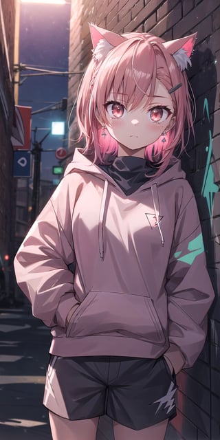 masterpiece, best quality, absurdres, perfect anatomy, 1girl, solo, earrings, sharp eyes, choker, neon shirt, open jacket, turtleneck sweater, night, against wall, brick wall, graffiti, dim lighting, alley, looking down, cats ears,1girl hairclip,Neon Light, blushing, glowing eyes, neon eyes, neon clothes, glow_in_the_dark, hoodie, hooded, short_pants, black clothes, hand_in_pocket, tsunderia, hooding, arrgant, has a Lightning power, light from hand