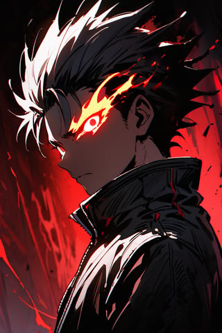 silhouette, Horror, solo, looking at viewer, short hair, Red eyes, 1boy, jacket, upper body, male focus, from side, glowing, spiked hair, glowing eyes, dark theme, high collar, flaming eyes