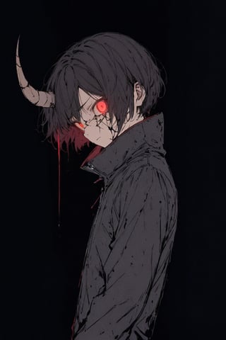 silhouette, Horror, solo, looking at viewer, short hair, Red eyes, 1boy, jacket, upper body, male focus, from side, glowing, glowing eyes, dark theme, high collar,eye trail, totally Cracked face, sad, broken, broken_horn