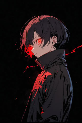 silhouette, Horror, solo, looking at viewer, short hair, Red eyes, 1boy, jacket, upper body, male focus, from side, glowing, glowing eyes, dark theme, high collar,eye trail