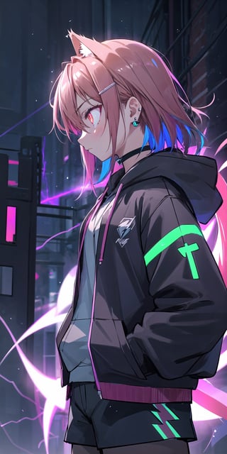 masterpiece, best quality, absurdres, perfect anatomy, 1girl, solo, earrings, sharp eyes, choker, neon shirt, open jacket, turtleneck sweater, night, dim lighting, alley, cats ears,1girl hairclip,Neon Light, blushing, glowing eyes, neon eyes, neon clothes, glow_in_the_dark, hoodie, hooded, short_pants, black clothes, hand_in_pocket, tsunderia, hooding, arrgant, has a Lightning power, lighting from hand, Lightning from her eyes,lighting eyes, profile, dark theme, sad theme, multicolored eyes, flaming tail eyes, flaming eyes, flaming_tail