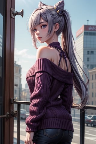 (masterpiece, best quality, ultra-detailed, 8K), 1girl, keqingrnd, purple sweater, off shoulder, public