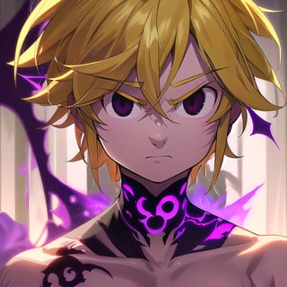 solo, male, depth of field, ((masterpiece, best quality)), demon, evil, The left part of the body is made of purple energy, purple aura, meliodas_nanatsu_no_taizai,blonde hair, empty eyes, fantasy world in background, meliodas in demon form, Blood coming from his mouth, Purple tattoo on his forehead, black eyes