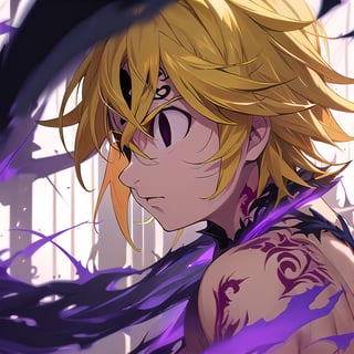 solo, male, depth of field, ((masterpiece, best quality)), demon, evil, The left part of the body is made of purple energy, purple aura, meliodas_nanatsu_no_taizai,blonde hair, empty eyes, fantasy world in background, meliodas in demon form, Blood coming from his mouth, Purple tattoo on his forehead, black eyes, dead eyes, Cold feelings, maou