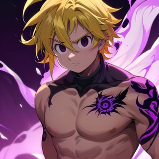 solo, male, depth of field, ((masterpiece, best quality)), demon, evil, The left part of the body is made of purple energy, purple aura, meliodas_nanatsu_no_taizai,blonde hair, empty eyes, fantasy world in background, meliodas in demon form, Blood coming from his mouth, Purple tattoo on his forehead, black eyes,