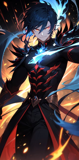 solo, male, male focus, glowing, glowing eyes, volumetrics dtx,film grain, bokeh, depth of field, motion blur, ((masterpiece, best quality)), dark background, demon, thick blue hair, arrogant smile, demon,red motion flaming eye,blue FIRE, The Emperor of Magic,flaming eye, manly, evil, full_body