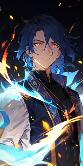 solo, male, upper body, male focus, glowing, glowing eyes, volumetrics dtx,film grain, bokeh, depth of field, motion blur, ((masterpiece, best quality)), dark background, demon, thick blue hair, arrogant smile, demon,blue motion flaming eye,blue FIRE, The Emperor of Magic,flaming eye, manly