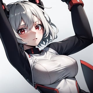 ayanami rei, 1girl, arms up, blue hair, blush, bodysuit, breasts, gloves, grey hair, hair ornament, hairpods, large breasts, looking at viewer, medium breasts, nerv, pilot suit, plugsuit, red eyes, short hair, simple background, solo, white background, white bodysuit, masterpiece, best quality, ultra detailed