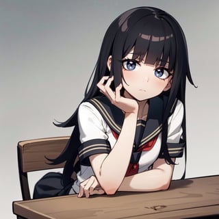1girl, :/, arm rest, bags under eyes, black hair, blunt bangs, closed mouth, empty eyes, frown, grey background, grey eyes, grey hair, hair over eyes, hair over shoulder, head on hand, head tilt, hunched over, japanese clothes, leaning forward, long hair, looking at viewer, looking up, messy hair, neckerchief, sad, sailor collar, school uniform, serafuku, shirt, sidelocks, sitting, solo, table, upper body, upturned eyes, very long hair, (Raytracing:1.2), Bloom, ((Vivid)), (Highest Quality, Amazing Details:1.25), Brilliant Colorful Paintings, Volumetric Lighting, Best Shadows, Shallow Depth of Field, beautiful detailed eyes, high resolution, 8k_wallpaper, vibrant eyes, extremely detailed background, jewel-like eyes, dynamic light, cinematic light, (motion lines:1.1), (ultra-detailed:1.3)