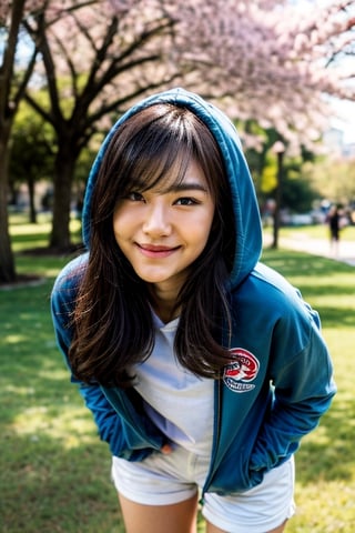 Korean girl, 20 years old, mole_under_eye, bangs, redhead, light smile, close-up, (black t-shirt, white short pants, hoodie jacket), dry skin, bright smile, skin texture, running on a sakura park with tall buildings in the background, long straight hair, clouds, blue sky, golden hour, (diagonal view), show legs, face detail,jessica
