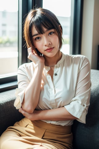 A tomboyish 18-year-old Asian girl sits pensively on a couch, her mind consumed by thoughts of you. Her pretty face tilts slightly upward as she flashes a warm smile, her straight short hair framing her features with its blunt bangs. A medium-chested office lady donning a crisp white blouse and long skirt, she exudes professionalism, yet her alternative hairstyle - two-toned locks with chunky highlights - adds an edgy touch. The bokeh background blurs the office surroundings as a ray of light pours in from the open window, illuminating her slender figure and hairy arm. Her mole under her eye adds a subtle charm to her features, while detailed skin texture gives her complexion a realistic sheen.
