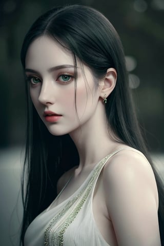 most beautiful  long black hair, pale skin, emerald green eyes, Greek attire Flawless skin show her full head, show her full face, show her half body. Dramatic lighting. Minimalist. wearing tank top realistic, cinematic, photography, natural skin, delicate, detailed, photo realistic, beauty photography, 4k, Sci fi 