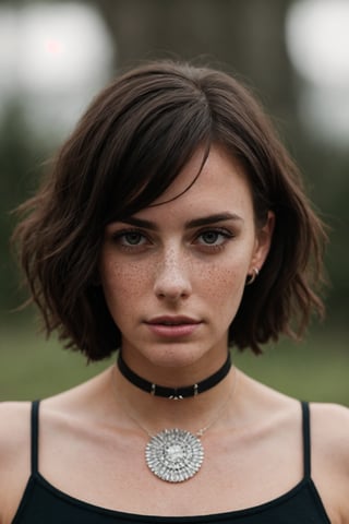 Take a photo of a woman with medium hair, wearing a tank top and a stylish collar or choker accessory, showcasing her freckles and a small, intriguing tattoo on her arm. The woman should have a slight smirk on her face, and her detailed face, especially her detailed nose, should be the focal point of the image. Use the rule of thirds composition to frame her face beautifully, and enhance the photo with dramatic lighting to add depth and intensity. Place the woman against an intricate background that complements her personality and adds to the overall story of the photograph."