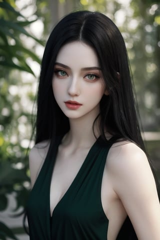 most beautiful  long black hair, pale skin, emerald green eyes, Greek attire Flawless skin show her full head, show her full face, show her half body. Dramatic lighting. Minimalist. wearing tank top realistic, cinematic, photography, natural skin, delicate, detailed, photo realistic, beauty photography, 4k,
