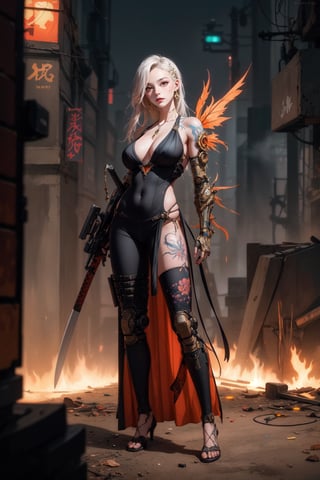 analog style, Post-apocalyptic Cyberpunk WOMAN, realistic portrait style, digital concept art, credit- Greg Rutkowski, Alphonse Mucha, H.R. Giger, Artgerm,cinematic angle ,whole body,oil painting,, original, extremely detailed wallpaper,solo,{beautiful detailed eyes},full body,post-apocalyptic cyberpunk world,grim and gritty,woman,cybernetic enhancements,glowing tattoos,Story, bride posing under a fairy tale, elaborate scene style, glitter, orange, realistic style, 8k,exposure blend, medium shot, bokeh, (hdr:1.4), high contrast, (cinematic, dark orange and white film), (muted colors, dim colors, soothing tones:1.3), low saturation, (hyperdetailed:1.2), (noir:0.4),Wlop,womb tattoos, seductive pose, yakuza, katana, samurai, weapon, full body