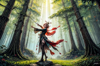  An enchanting forest glade in a fantasy realm, where a graceful elven archer stands poised on a moss-covered rock, rays of sunlight filtering through the canopy above, creating a dappled pattern on the ground, butterflies and fireflies dancing in the air around her, Illustration, watercolor painting, --ar 16:9 --v 5,nilou \(genshin impact\)